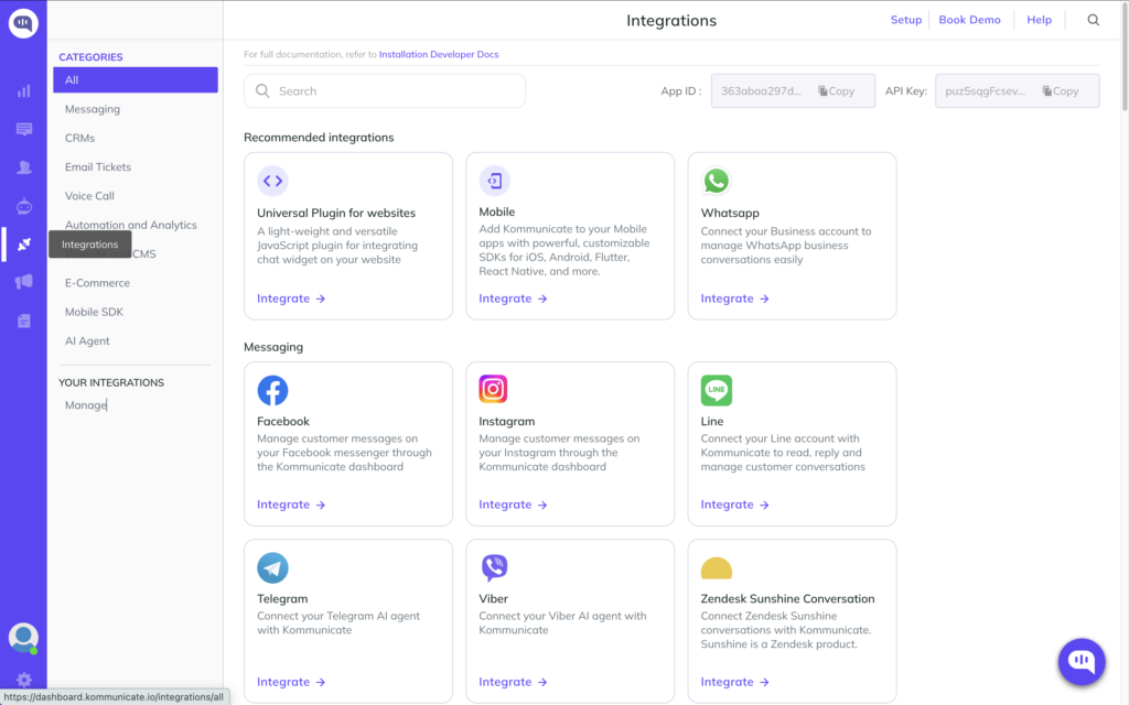 Screenshot of the Kommunicate dashboard’s Integrations page showing recommended integrations and messaging channels, including WhatsApp, Facebook, Instagram, Telegram, Viber, Line, and Zendesk Sunshine, with category filters on the left sidebar.